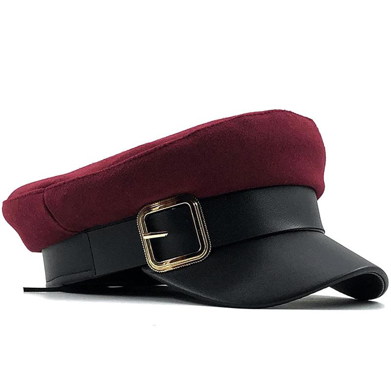 

Women s Korean Casual Woolen Navy Beret Flat Top Duck Tongue Hat Autumn Winter Retro Leather Buckle Leather Edge Warm Cap бордовый