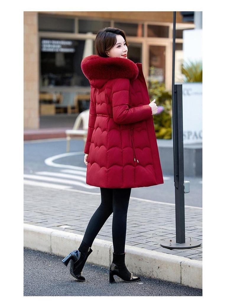 Women's Mid-Length Winter Fur Collar Hooded Cotton Jacket - Fashionable Slimming Warmth