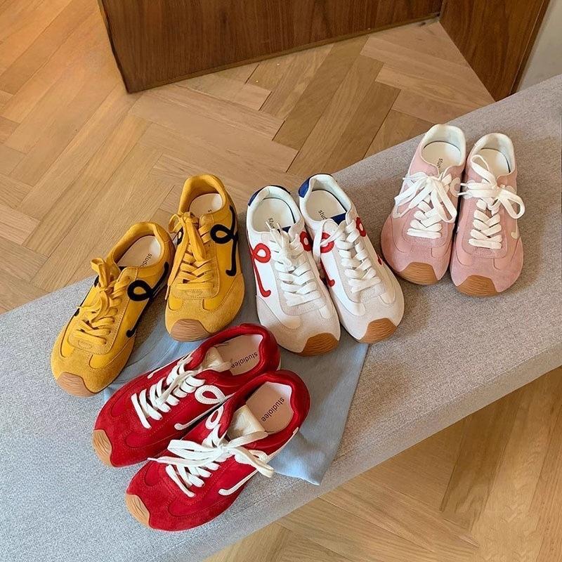 Casual Contrasting Color Splicing Lace-up German Training Shoes Board Shoes Women's Retro Asymmetric Big Toe Head Round Head Versatile Forrest Gump