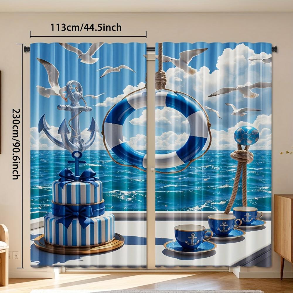 2pcs   Seaside Vacation Print Curtains Polyester Rod Pocket Design Light Filtering for Bedroom Living Room Office   Machine Washab