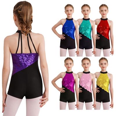Kids Girls Glittery Sequins Dance Leotard Halter Neck Sleeveless Bodysuit for Figure Skating Rhythmic Gymnastics