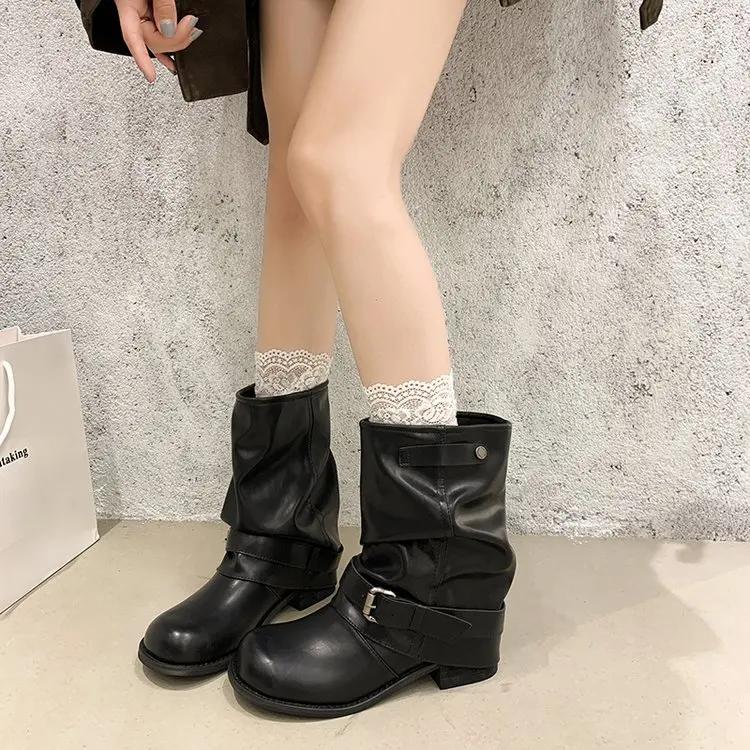 Autumn Winter Thick Heel Women Western Cowboy Boots Fashion Belt Buckle Slip On Shoes Ladies Vintage Pleated Short Booties
