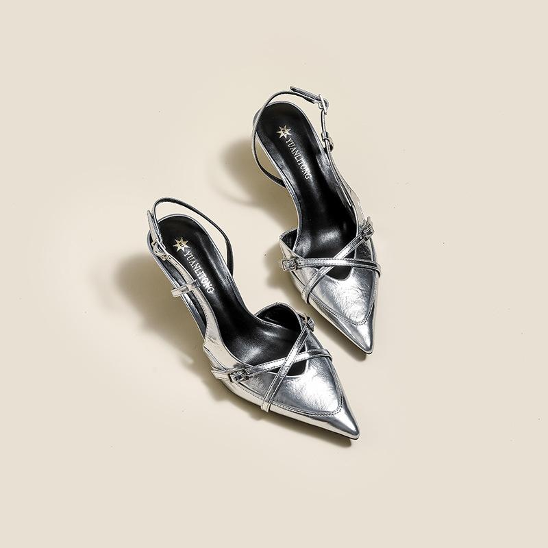 High heels spring new pointed fashion empty sandals leather stiletto large size