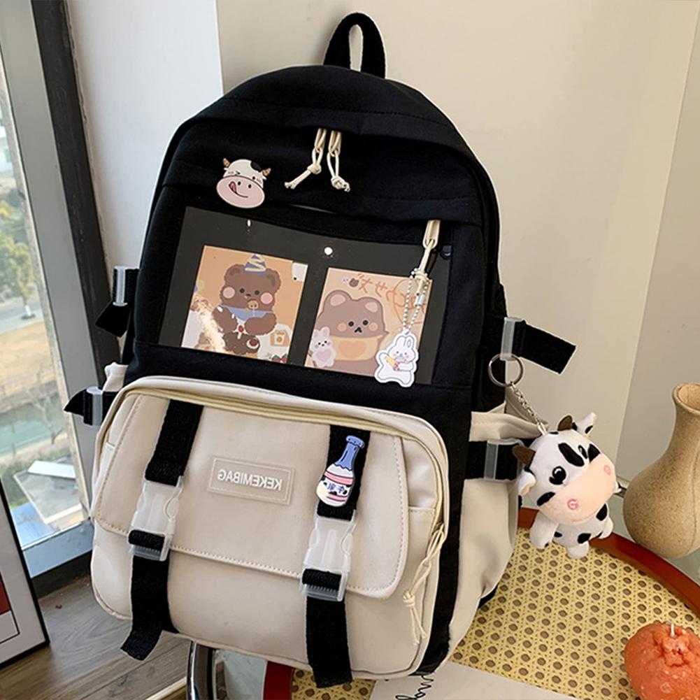 Casual Preppy Style Students School Bags Fashion Canvas Contrast Color Large Capacity Knapsack Women Backpack with Cow Pendants
