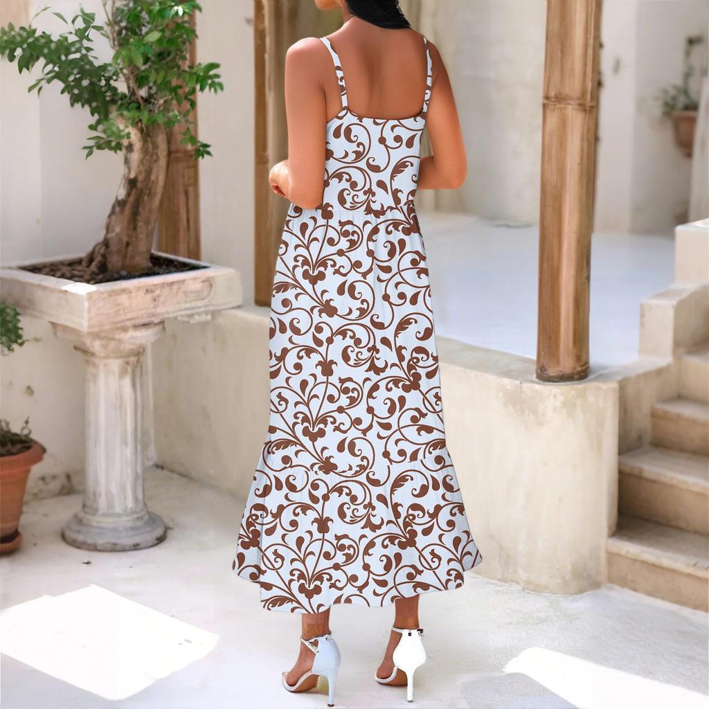 Women's Long Beach Casual Elegant Spaghetti Strap Maxi Dress Stitching Low-key Flowing Bohemian Dress