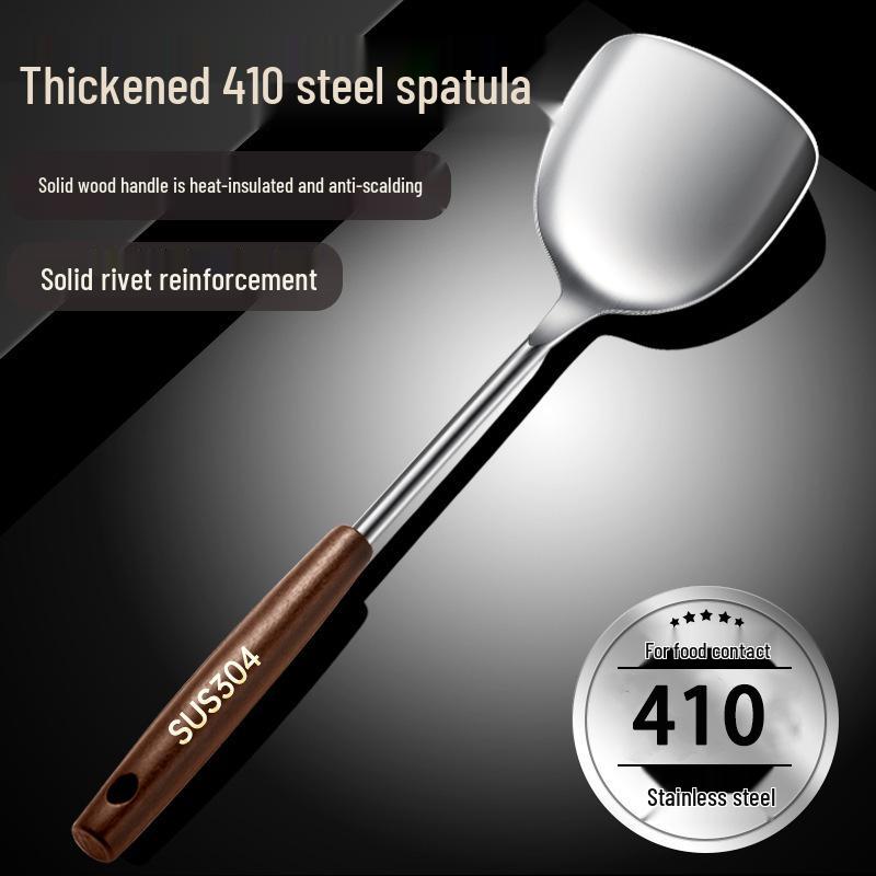 Stainless Steel Kitchen Utensil Set: Thickened Frying Spatula, Soup Ladle, Slotted Spoon with Wooden Handle