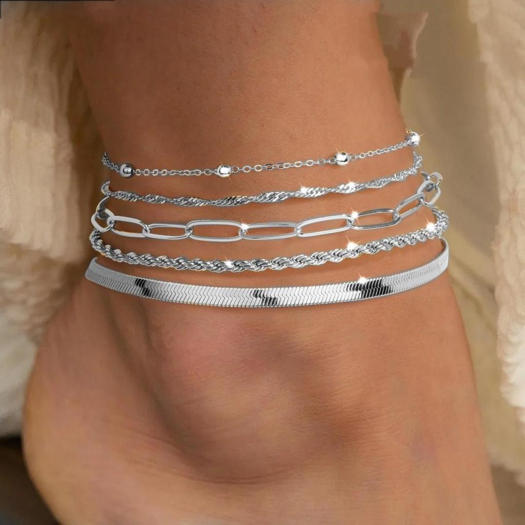 European & American Retro Cuban Link Anklet Set - 5 Pieces