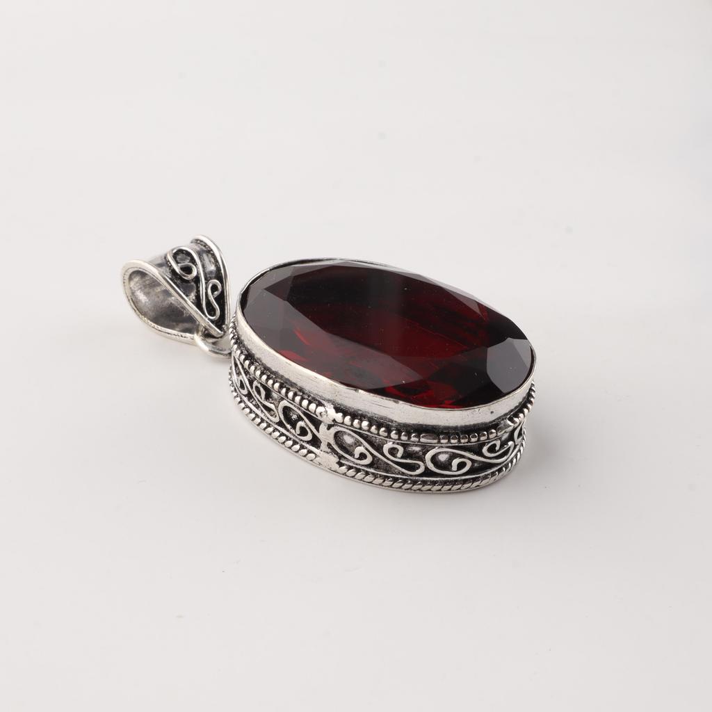 Mozambique Garnet Gemstone Silver Pendant 1.8" , 925 Sterling Silver Handmade Vintage Pendant For Women PP-71-3