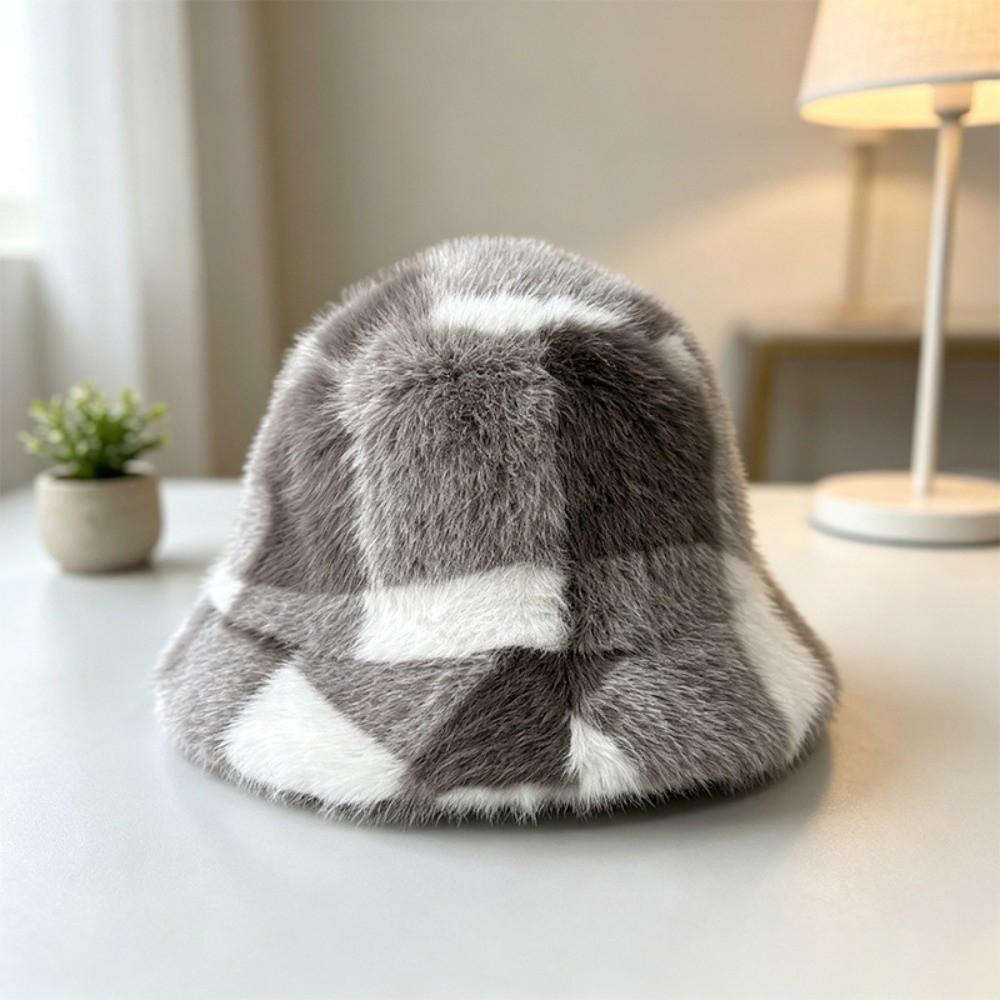 Faux Fur Winter Scarf Hat Plaid Fluffy Bucket Hat New Mink Wool Scarf Women