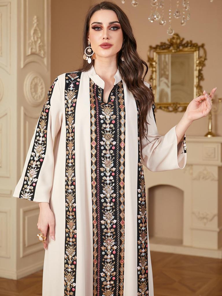 Middle Eastern V-neck Embroidered Color-Block Muslim Dress