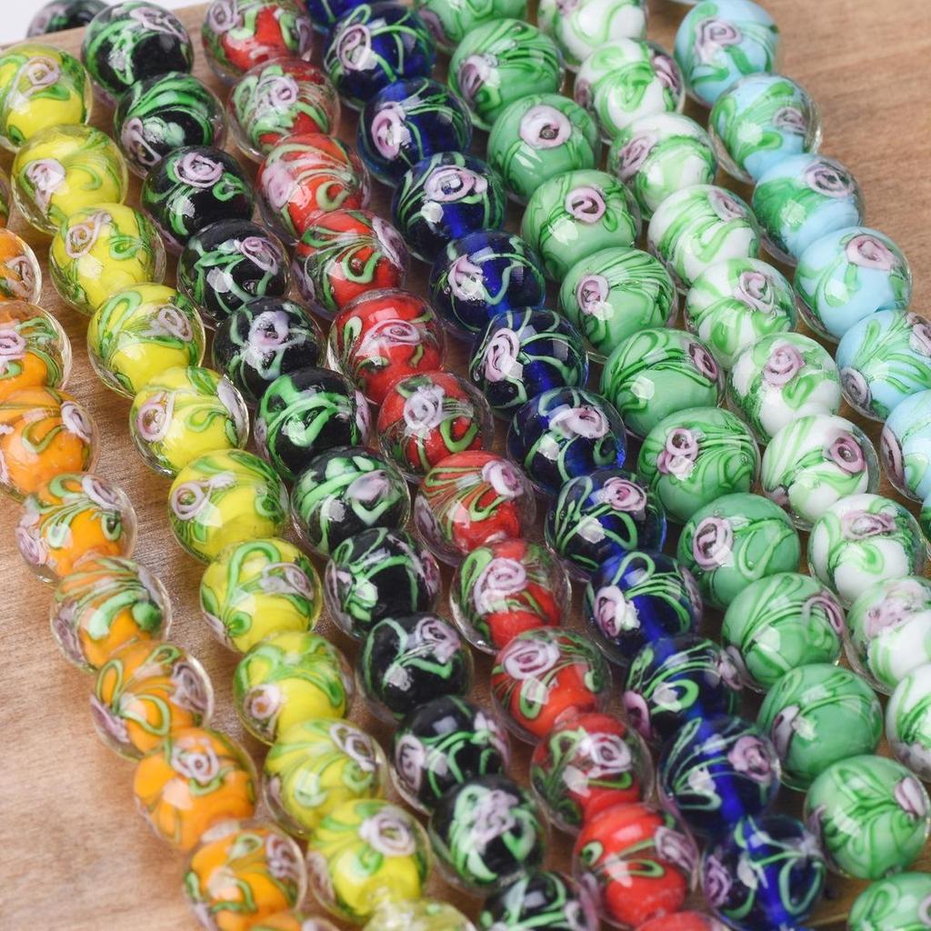 10pcs Round 12mm Flower Pattern Handmade Lampwork Glass Loose Beads For Jewelry Making Accessories DIY Crafts Findings