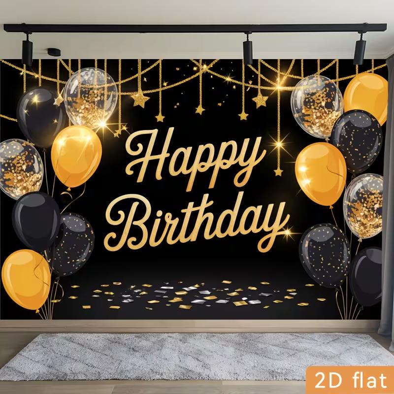 2D Black Gold Balloon Happy Birthday Backdrop Banner Photo Booth Background