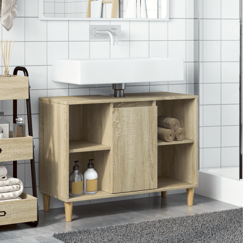 Modern bathroom cabinet with a storage unit under the washbasin, open storage on both sides, and a door storage in the middle, 80x33x60 cm