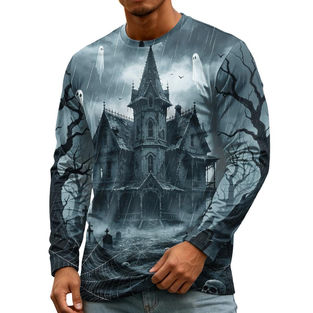 Men's Long Sleeve Halloween Print T-Shirt with Round Neck, Fashion Top for Halloween Events