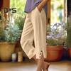 Women Cropped Pants Elastic Waist Wide Leg Beach Pants with Pockets Solid Color Casual Loose Fit Pants
