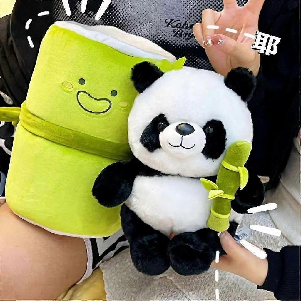 9.8 Inches ( 24.9 Cm) Panda Stuffed Animal, Cute Panda Plush Hugging Bamboo, Panda And Bamboo Tube Set Of 2, Bulky Panda Plush Toy Living In Bamboo
