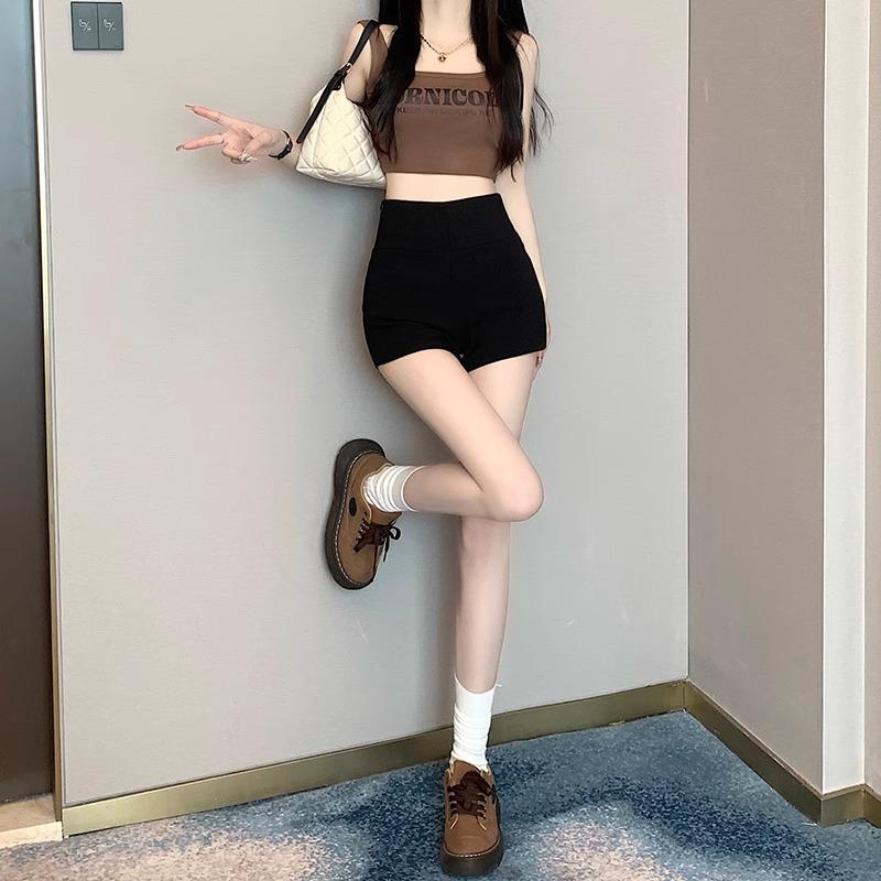 Women's Black High-Waisted Slim Fit Autumn Shorts, Petite Three-Point Hot Pants