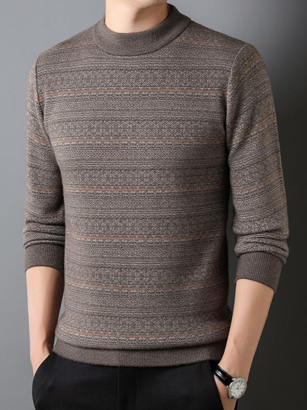 Men's 100% Pure Cashmere Thickened Fleece-Lined Winter Sweater - Solid Color, Round Neck, for Middle-Aged.