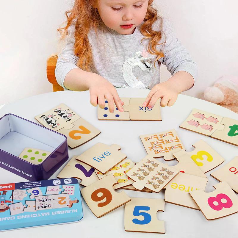 Scatola di Ferro per Bambini Illuminazione Numerica Puzzle di Legno con Animali e Cibo a Coppie Gioco di Allenamento al Pensiero Logico Giocattoli Educativi