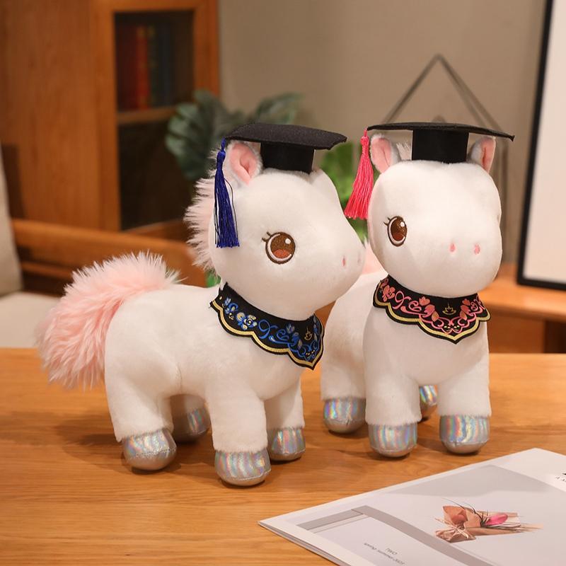 28Cm Cartoon Graduation Horse Plush Doll Brown White Doctor Cap Horse Animal Stuffed Toy Home Decor Gift For Children