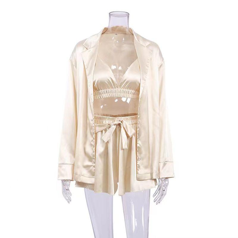 

Fashion Sexy Satin Vest Shorts Cardigan Top Three-Piece Sexy Satin Three Piece Set Shallow Champagne M