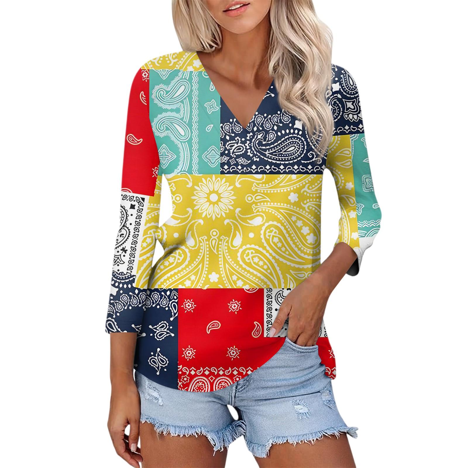 

Жіночий повсякденний модний сексуальний зручний топ з V-подібним вирізом, квітковим принтом та рукавом три чверті XXL червоний