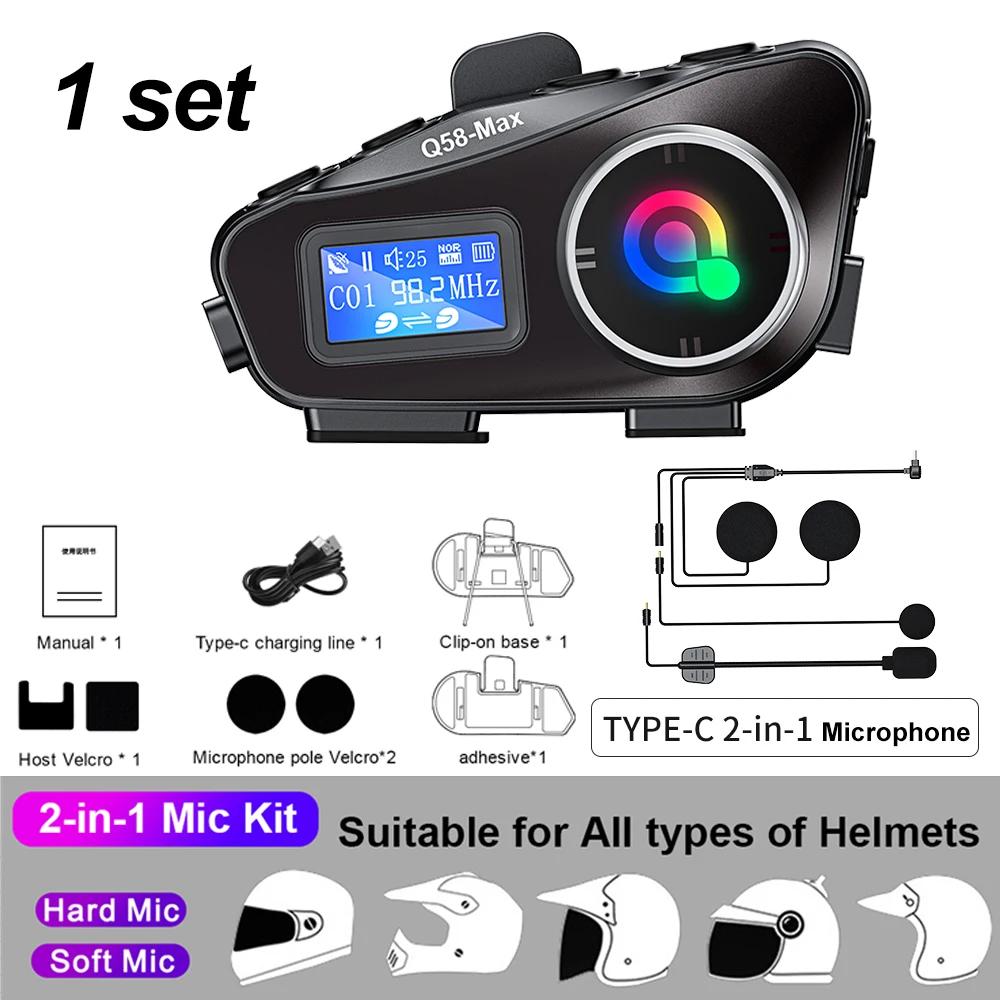 Bluetooth Motorcycle Intercom Helmet Headsets Wireless Communication Interphone BT 5.3 FM LED Screen Music Share For 2 Rider
