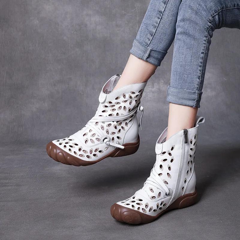 Fashion 3CM Handmade Women Boots Summer Shoes Genuine Cow Leather Breathable Hollow Retro Ethnic Flat Side Zipper Gladiator Boots Women