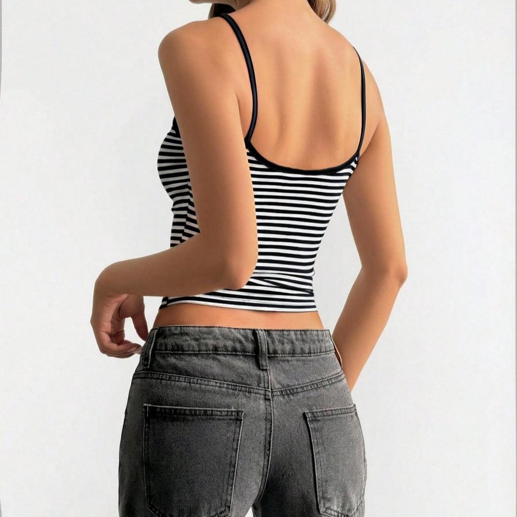 Damska Top na ramiączkach Bez rękawów Kwadratowy dekolt Streetwear Pasiasty Tank Top Dopasowany Elastyczny Codzienny