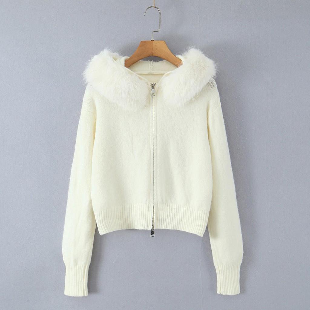 French-Style Faux Fur Collar Zipper Cardigan - Women's Autumn/Winter Sweater