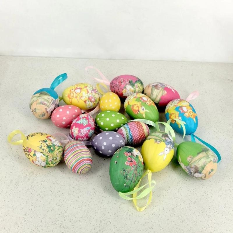 30/12PCS Easter Eggs Pendant Kit with Rabbit Painting Colorful Funny Painted Paper Eggs Educational Foam Hanging Ornaments