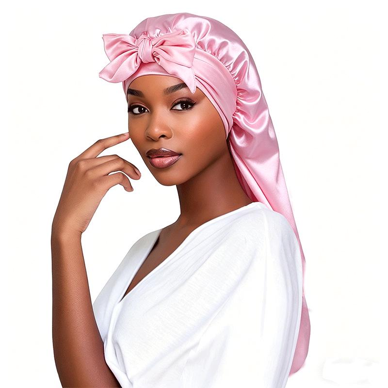 Satin Bow Tie Long Stocking Nightcap Headscarf for Long Hair Protection