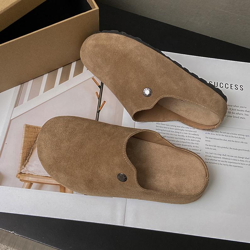 Fashion Women's Fashion Baotou Flat Shoes Spring New Round Head Deep Mouth Suede Rivet Anti-slip Wear-resistant Slippers