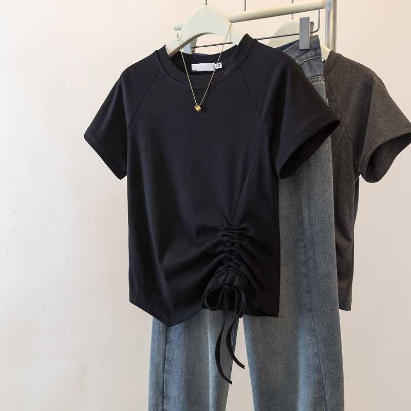 

Women s Slimming Irregular Short Sleeve Drawstring T-shirt, Plus Size 2025 Summer Top XL (118-136 jin)