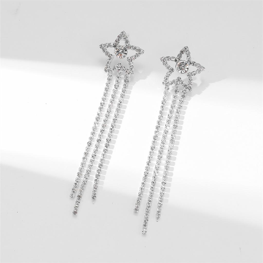 Pentagram Full Diamond Rhinestone Long Fringed Earrings for Women