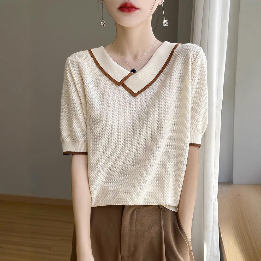 Summer Women's Knitted T-shirt Top V-neck Ice Silk Knitted Shirt Short Sleeve for Women