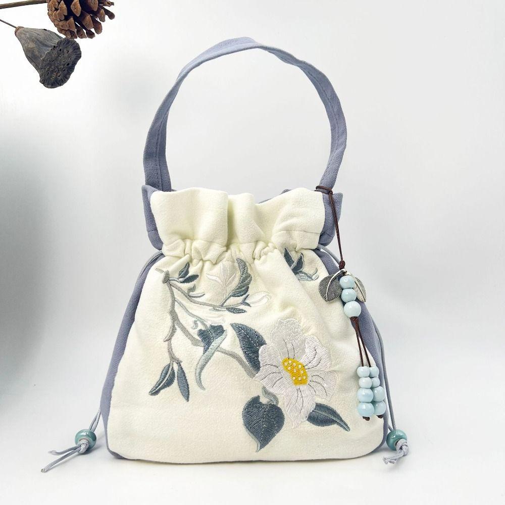 Ethnic Embroidery Drawstring Bag Silk Satin Shoulder Bag Chinese Ancient Crossbody Bag