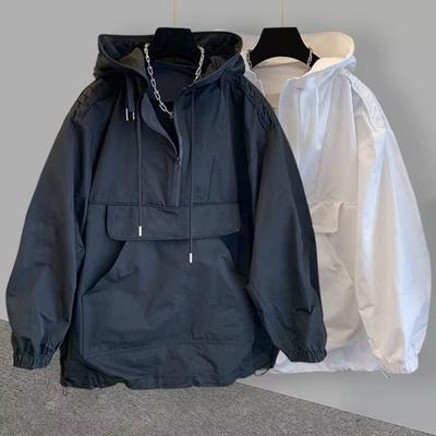 Casaco Trench Coat Masculino com Capuz Manga Longa Jaqueta Corta-Vento com Fechamento Meio Zíper Canguru