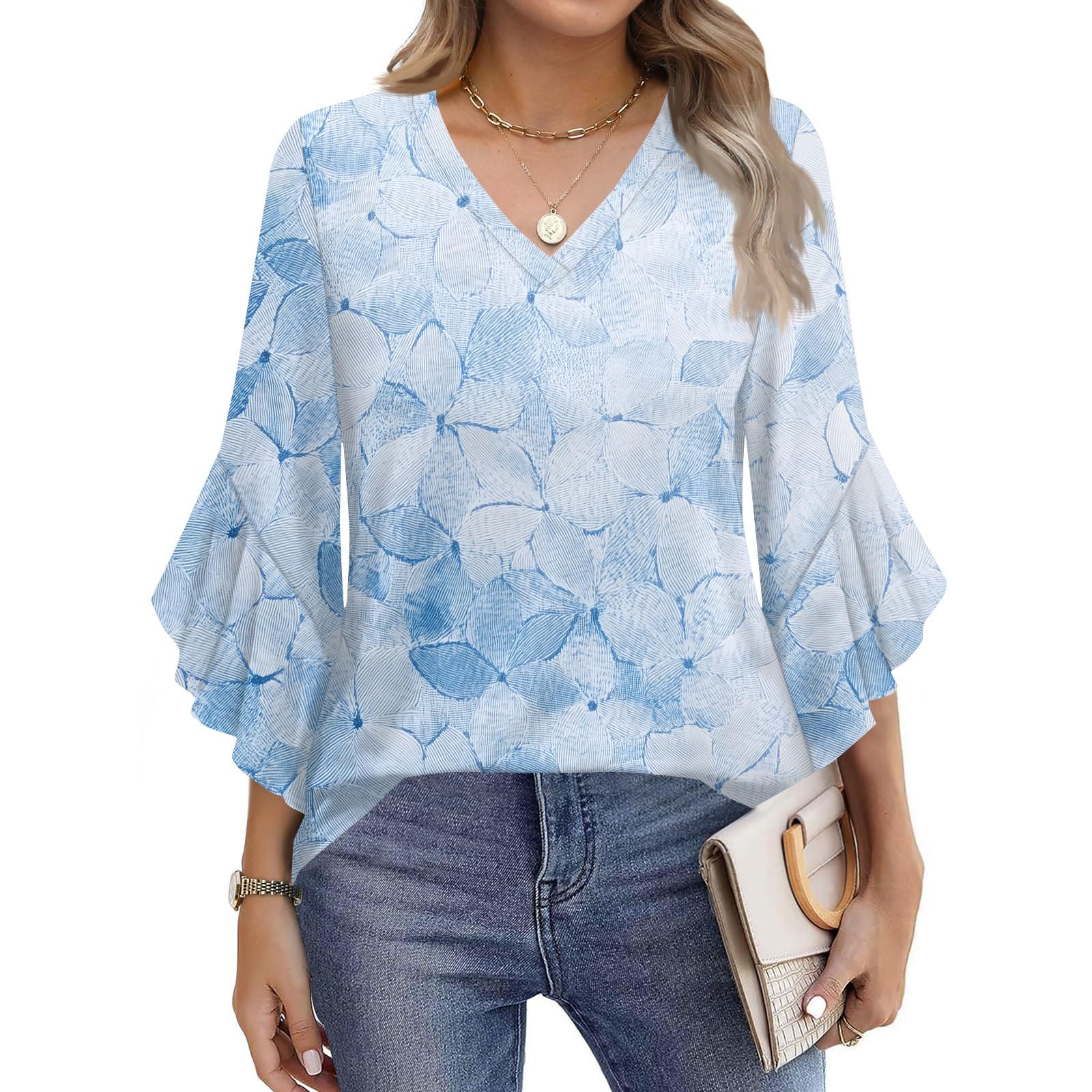 

Blouses For Women Dressy Casual 3/4 Length Sleeve Womens Tops V Neck Tshirts Shirts With Flared Sleeve M