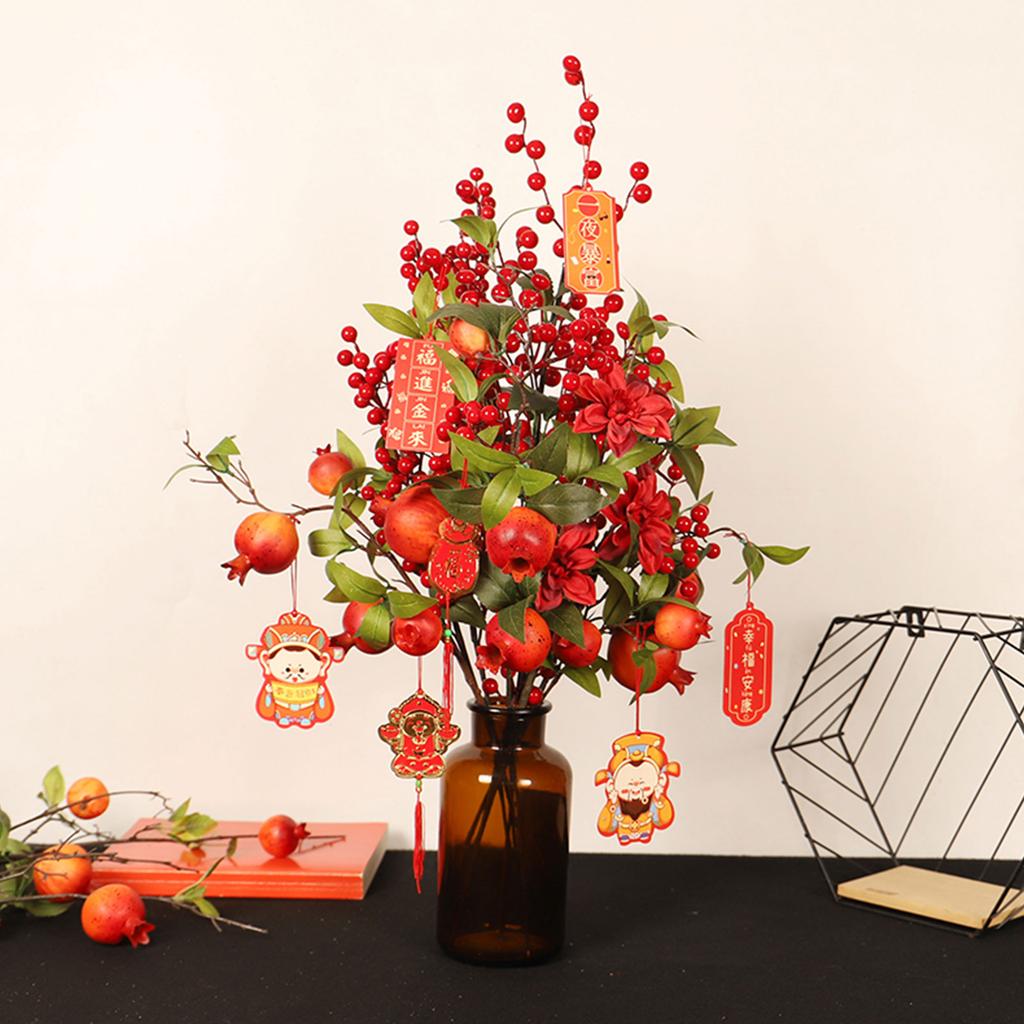 Artificial Pomegranate Cutting Branch Lifelike Pomegranate Green Leaf Branch Stem for Home Decoration 60cm