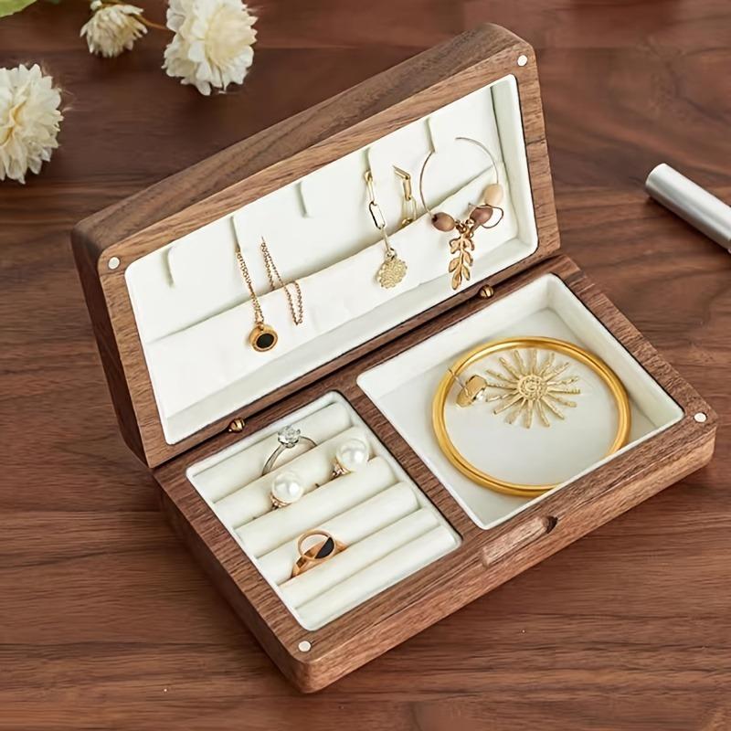 Boîte à bijoux haut de gamme en bois massif Noyer noir bois rétro petite fine portable boîte de rangement pour bagues bijoux en or, Boîtes à bijoux