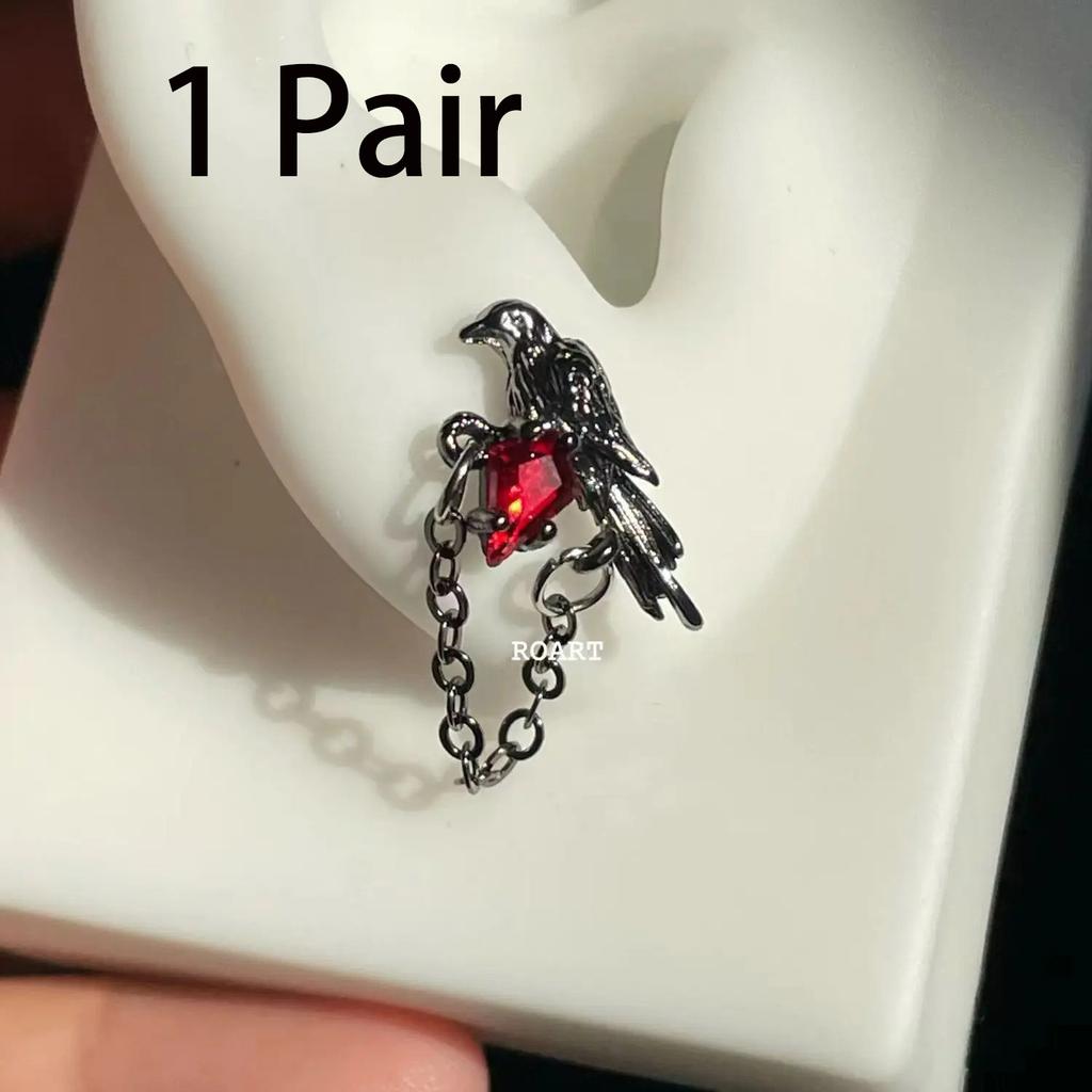Stainless Steel Wing Chain Red Zircon Piercing Earring for Women Men Gothic Silver Color Rivet Ear Bone Nail Earring Y2K Jewelry