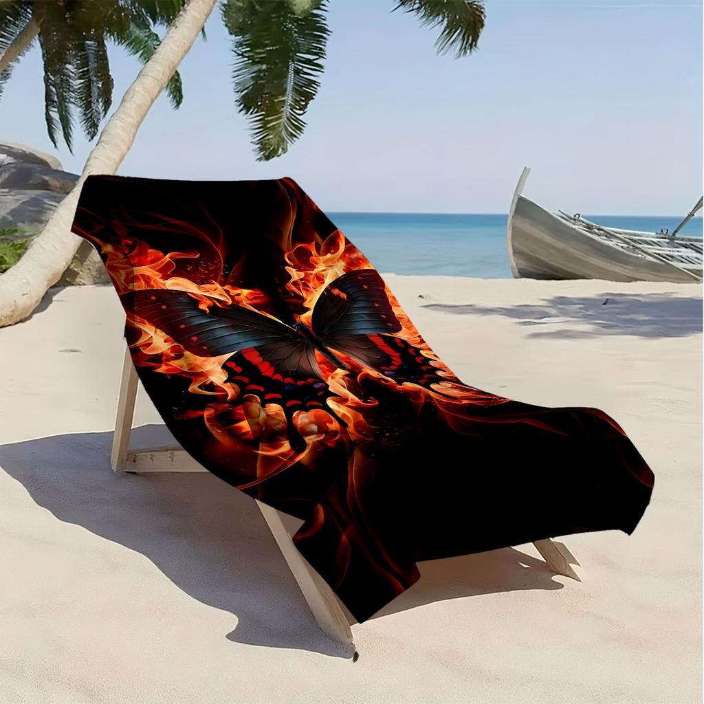 Mysterious Flame Butterfly Pattern Polyester Microfiber Beach Towel Is Highly Absorbent, Suitable for Swimming and Beach Outings