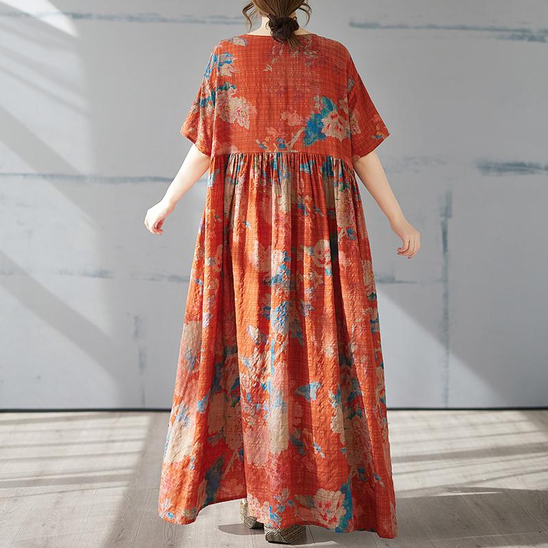 DIMANAF 2025 Summer Plus Size Dress Women Casual Vintage Long Dress Loose Basic Flower Printing Dress