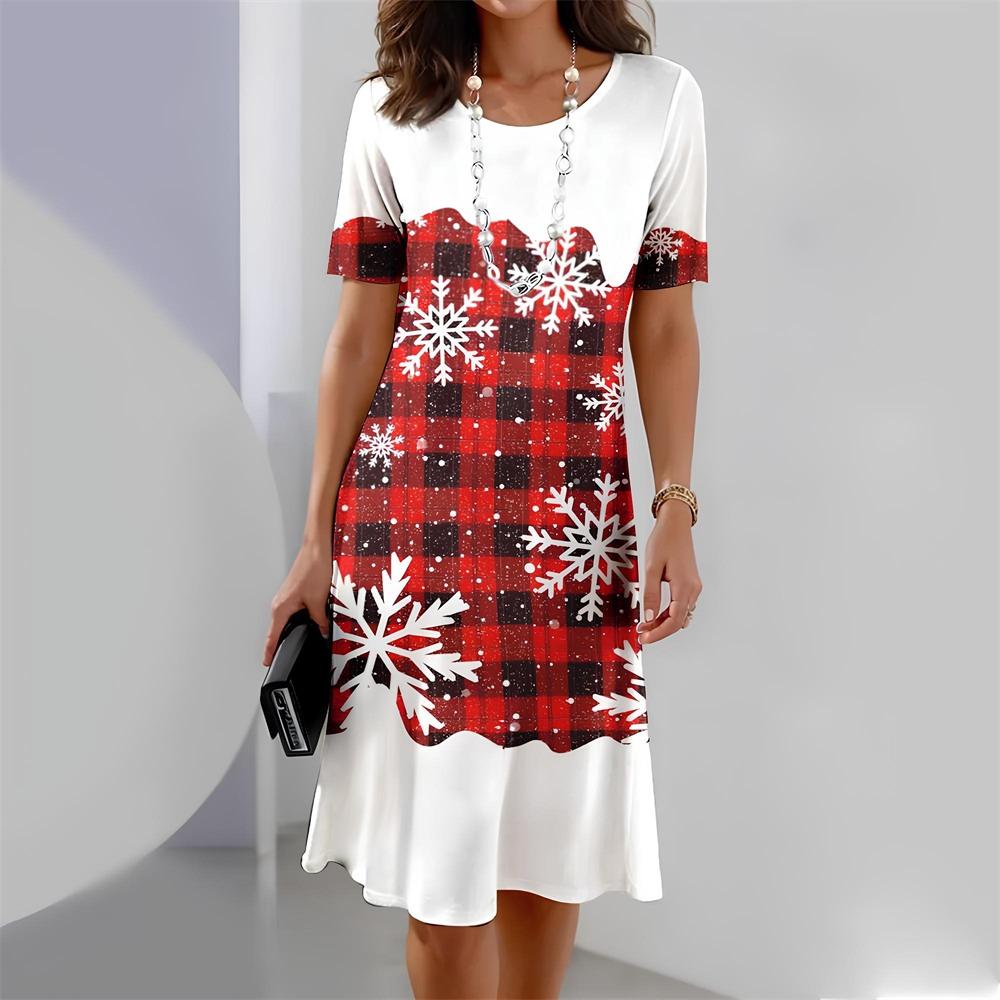 Christmas Dress Women Elegant O-neck Short Sleeve Dresses Plus Size Red Casual Party Summer Dress Fashion Vestidos