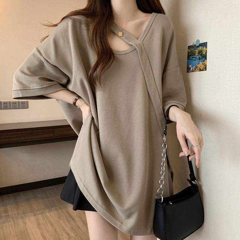 Women's Plus Size Medium-Length Short-Sleeve T-Shirt, Loose Slimming Fit with Drop Shoulder Sleeves - Summer Base Layer Top