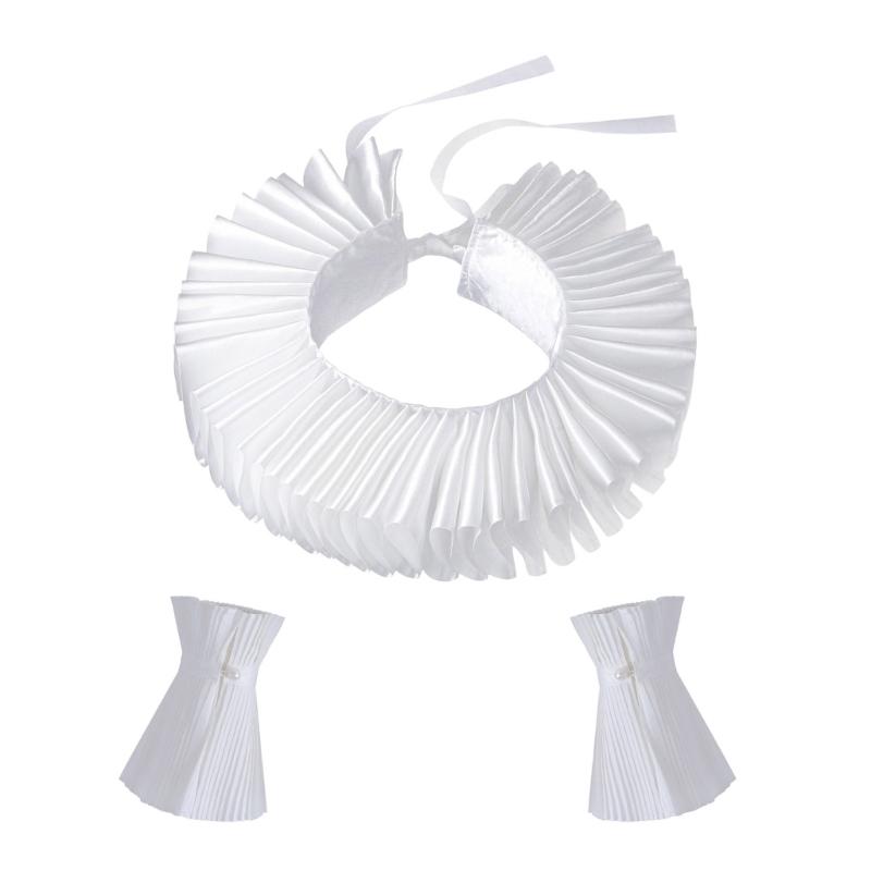 

Renaissances Clown Collar Elegant White Neck Ruff Shawl and Faux Cuffs Set for Masquerades and Dress Up Event Accessory