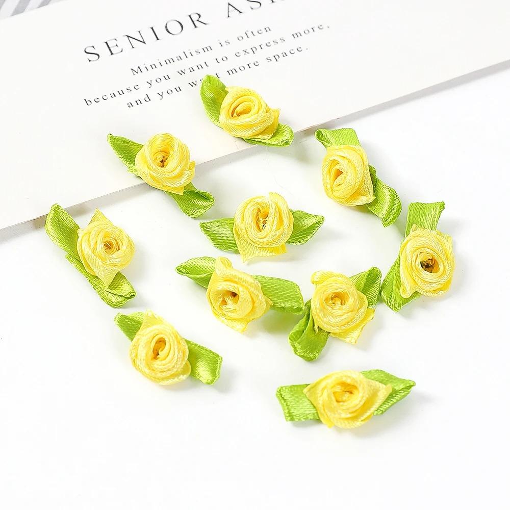 50/100PCS Mini Handmade Rose Flower Satin Ribbon Rosettes Fabric Appliques For DIY Wedding Decoration Craft Sewing Accessories