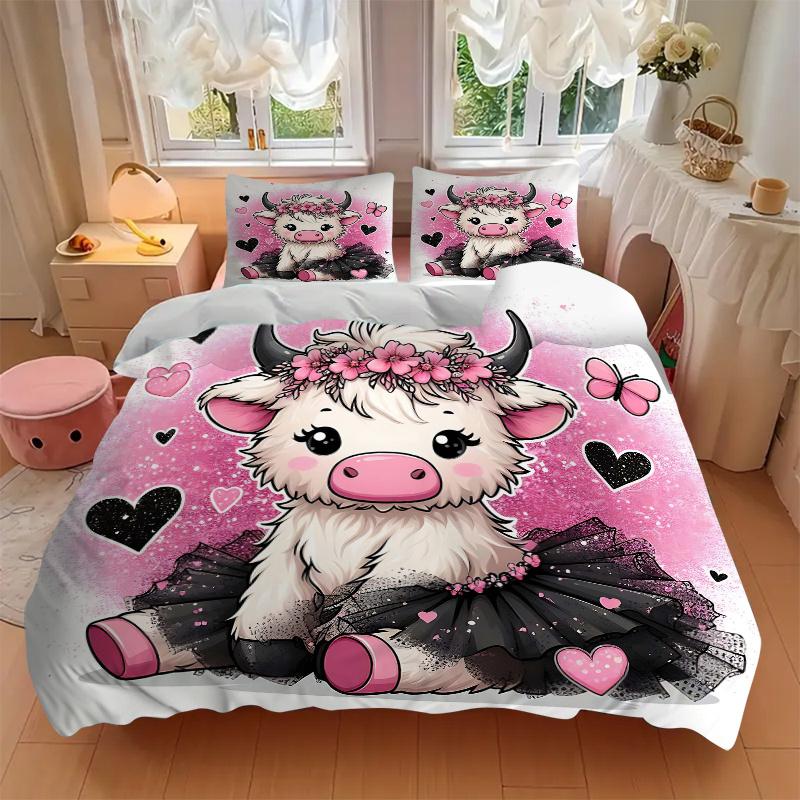 3pcs Pink Cow with Wreath and Butterflies Quilt Cover Set - Soft and Cozy Bedroom, Guest Room and Dorm Decorative Bedding 3-Piece Set 1 Quilt Cov