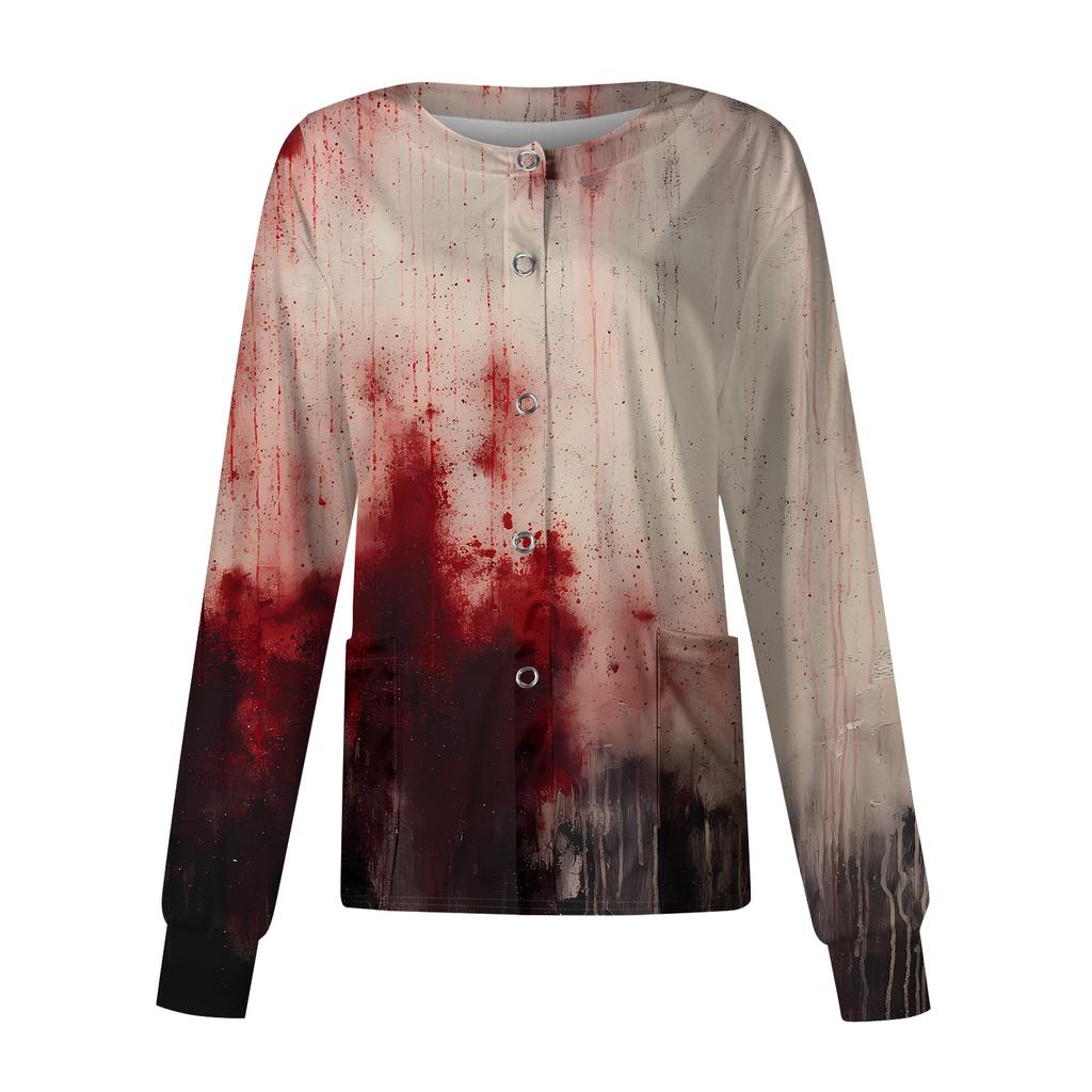 Damen Lässiger Langarm Einreiher Halloween-Print Pflegekraft Cardigan Knopfleiste Vorne Leichte Strickware